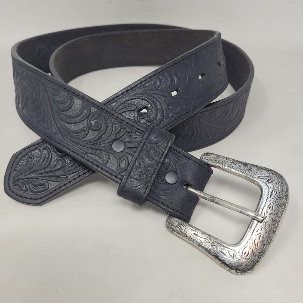 Silver Creek Belt 44 Black Leather Floral Tooled Western Cowboy Rodeo USA